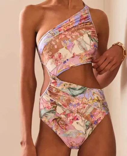 Women's rose gold patterned swimsuit in polyester fabric
