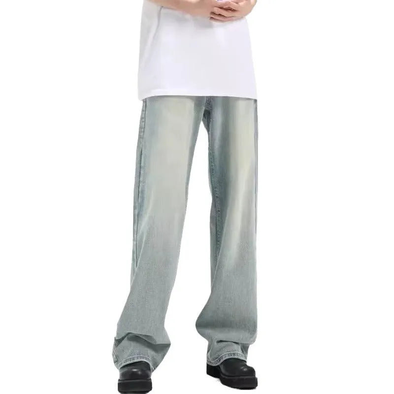 Blue retro loose-fit casual trousers made from rabbit fur fabric.