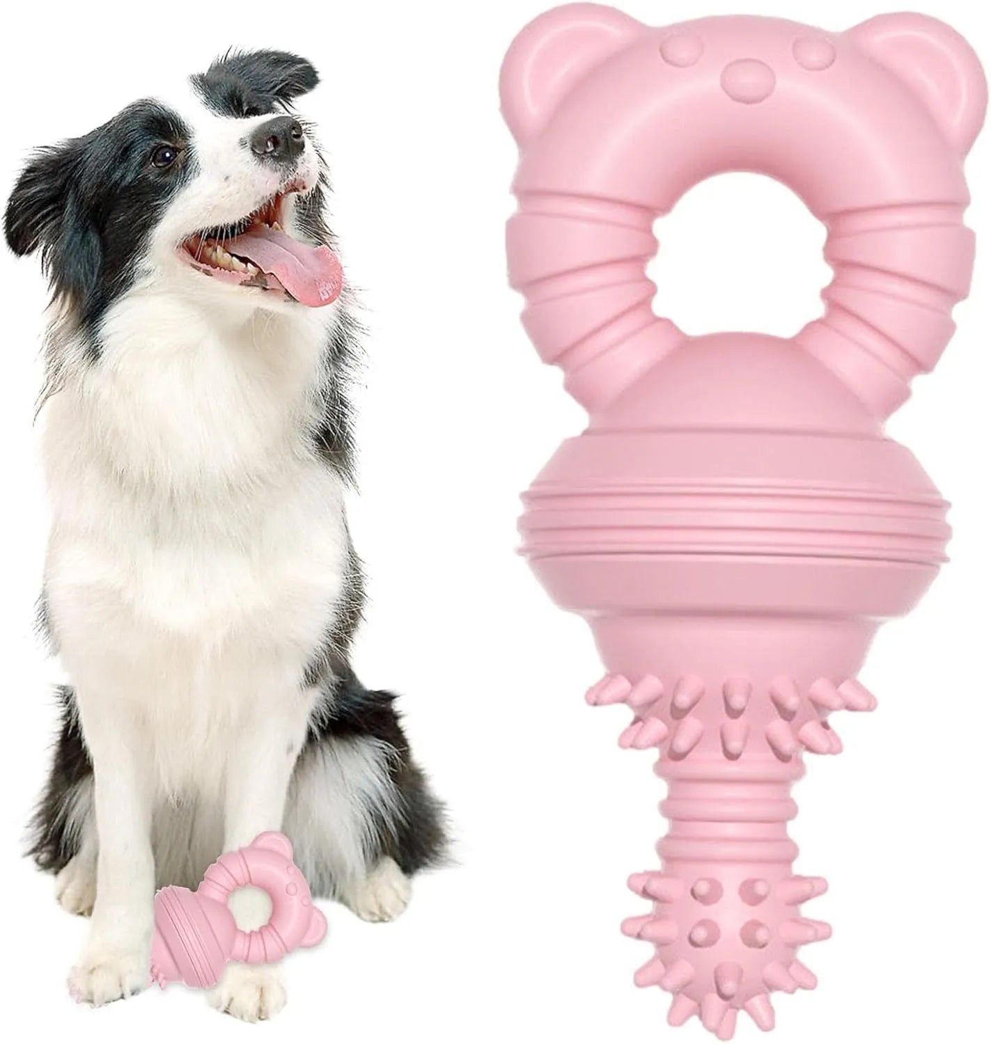 Blue rubber dog chew toy with textured surface for cleaning teeth, shown next to a measuring tape indicating 13.5cm diameter.