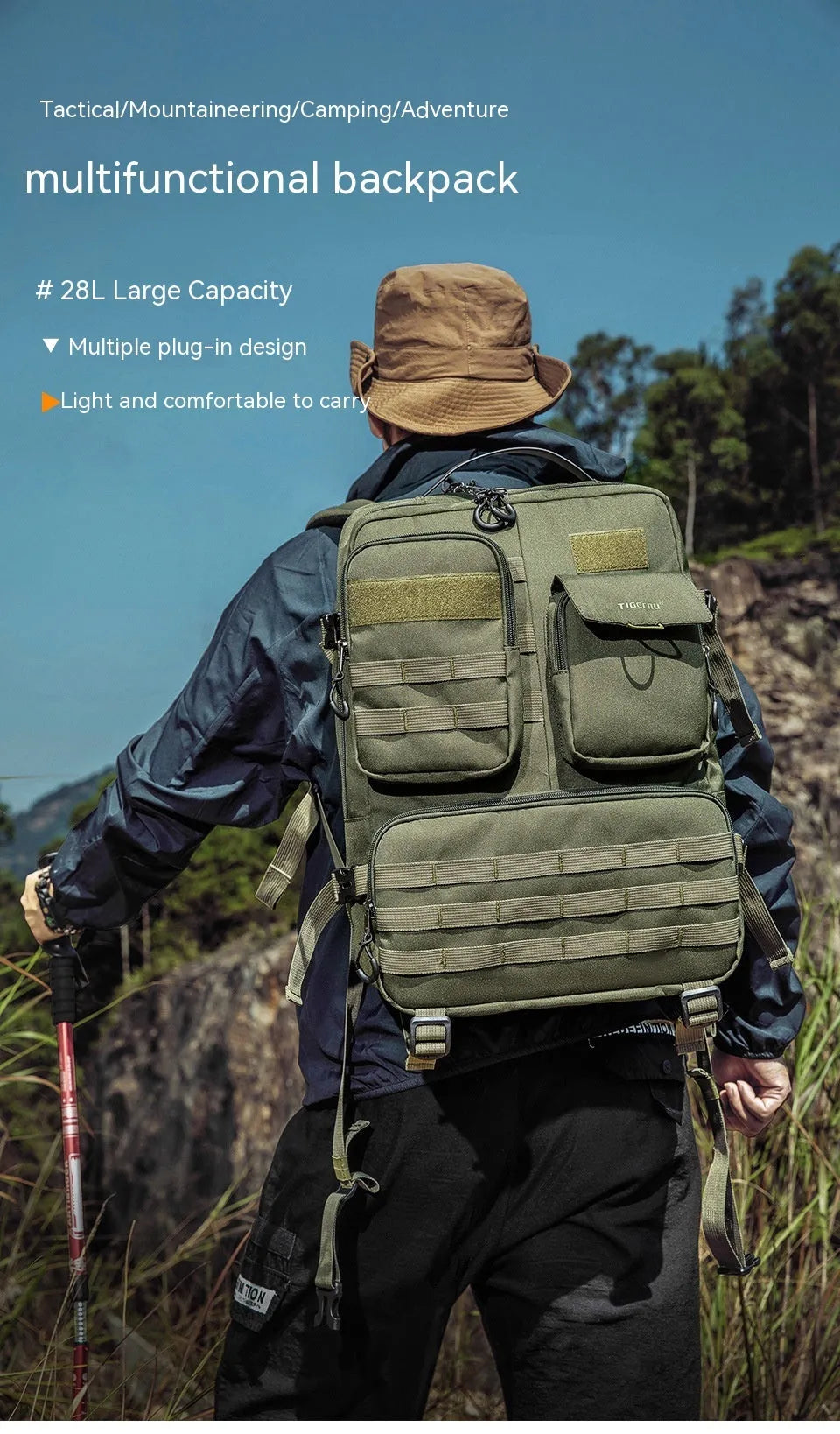 Army green tactical backpack with 17-inch laptop compartment and 35-litre capacity