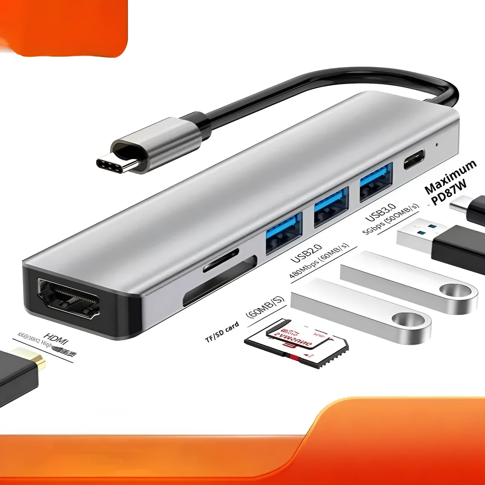 Type-C 7-in-1 expansion dock with HDMI port, three USB 3.0 ports, and a 15cm connecting cable.