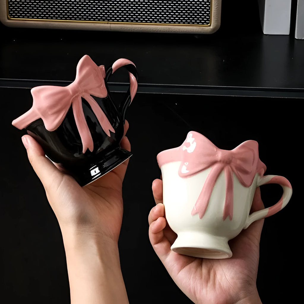 Ceramic mug with girl heart bow design in white or black pink colour, 301-400ml capacity
