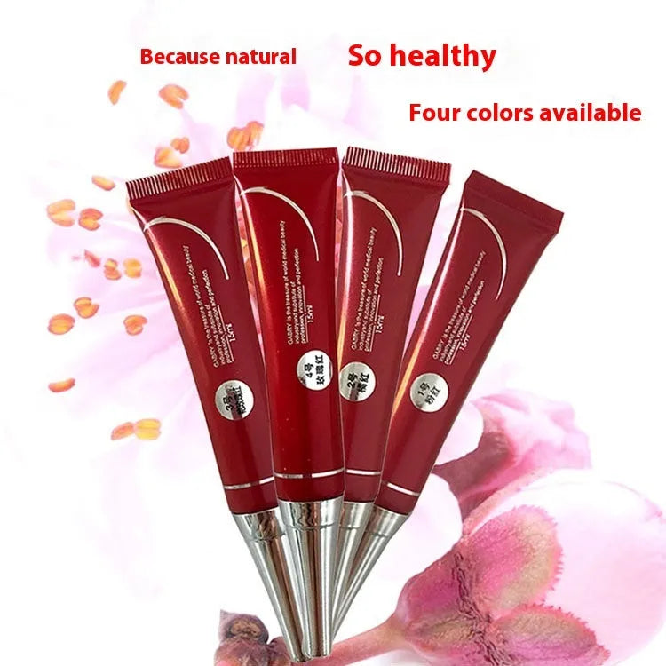 Vermilion lip gloss cosmetic product in one of five colours: pink, orange red, bright rose red, rose red, or seashell.