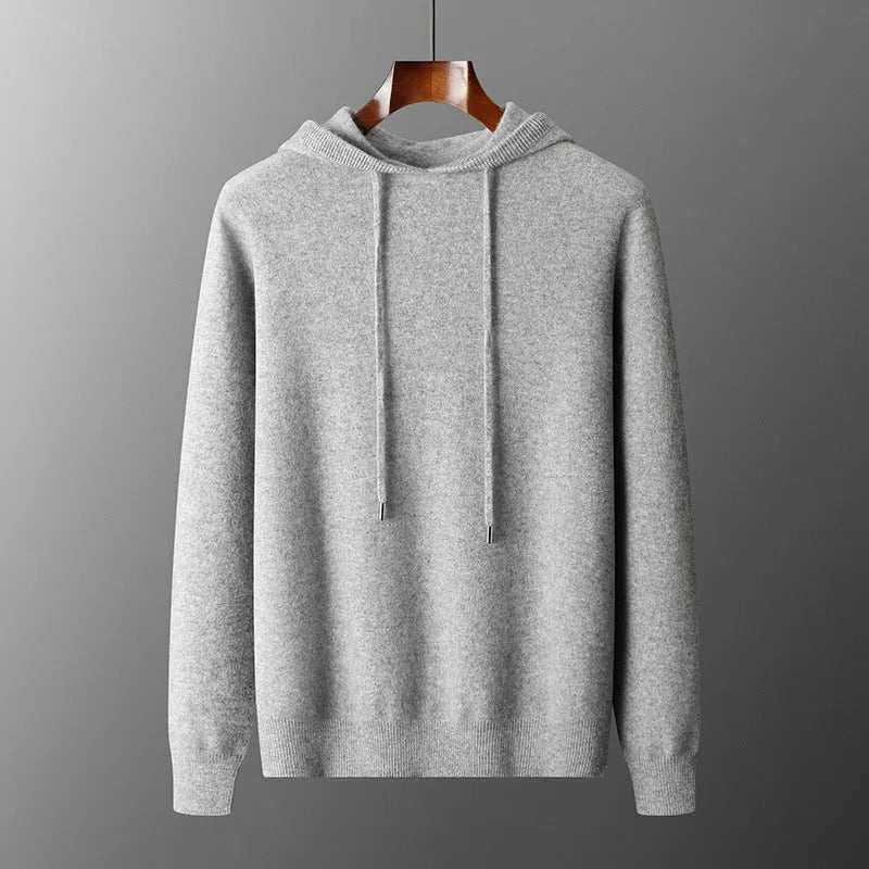 Men's light grey cashmere hooded sweatshirt and matching trousers laid flat.