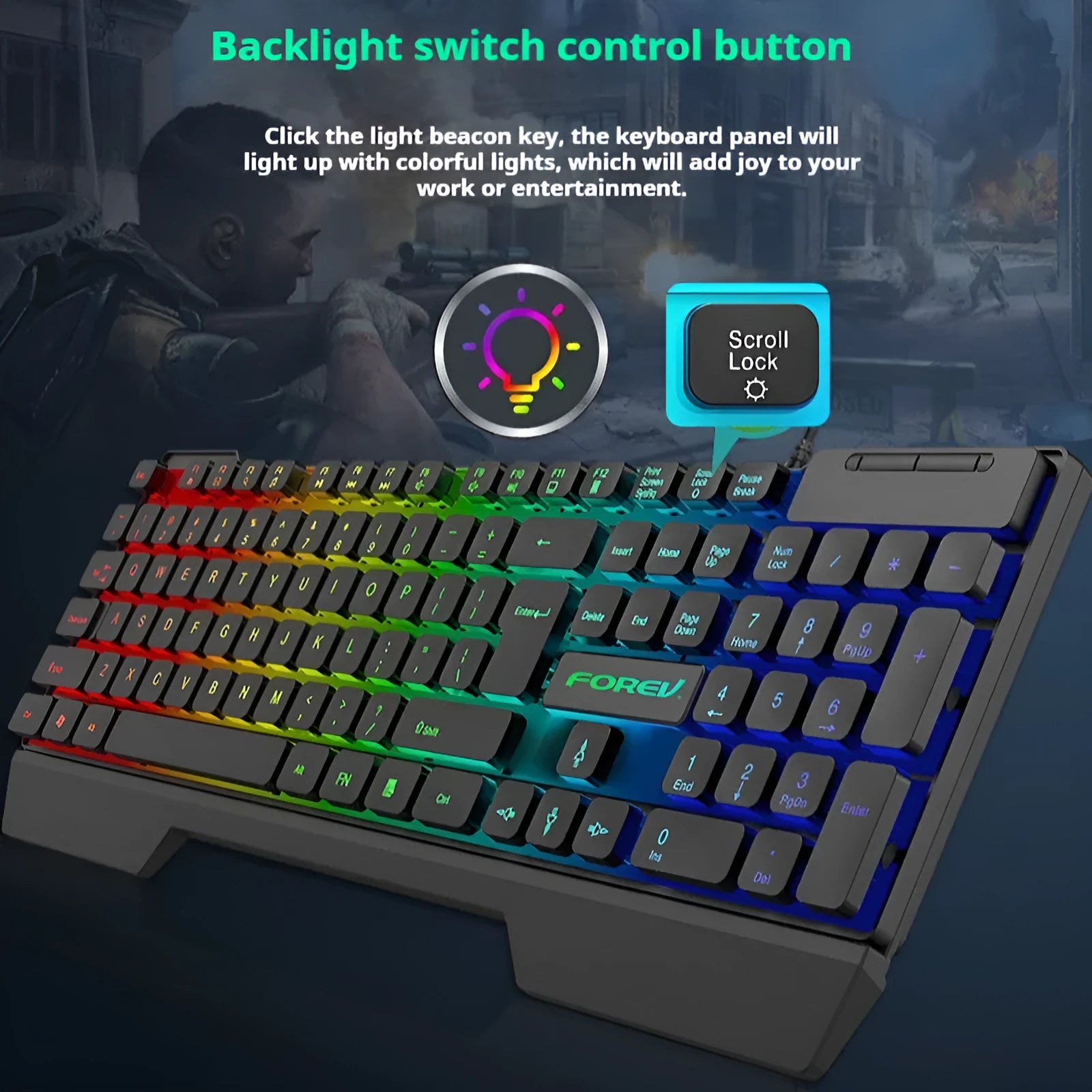 FV-Q1 wired luminous keyboard with six-colour backlight on a desk, connected to a computer