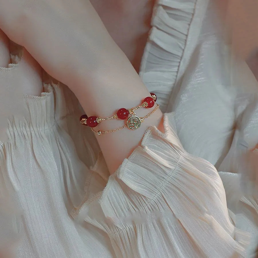Red agate and alloy double-layer bracelet with red horse blessing card motif and chamfered square pattern details