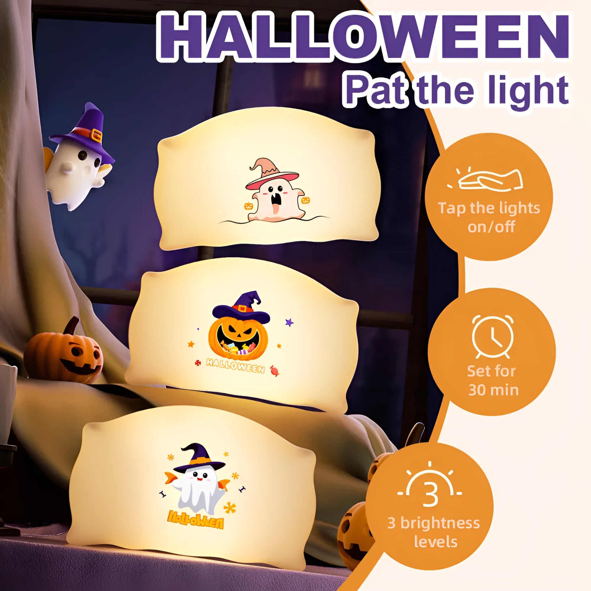 Cartoon Halloween doll table lamp in Magic Ghost or Pumpkin Ghost colour, shown on a table.