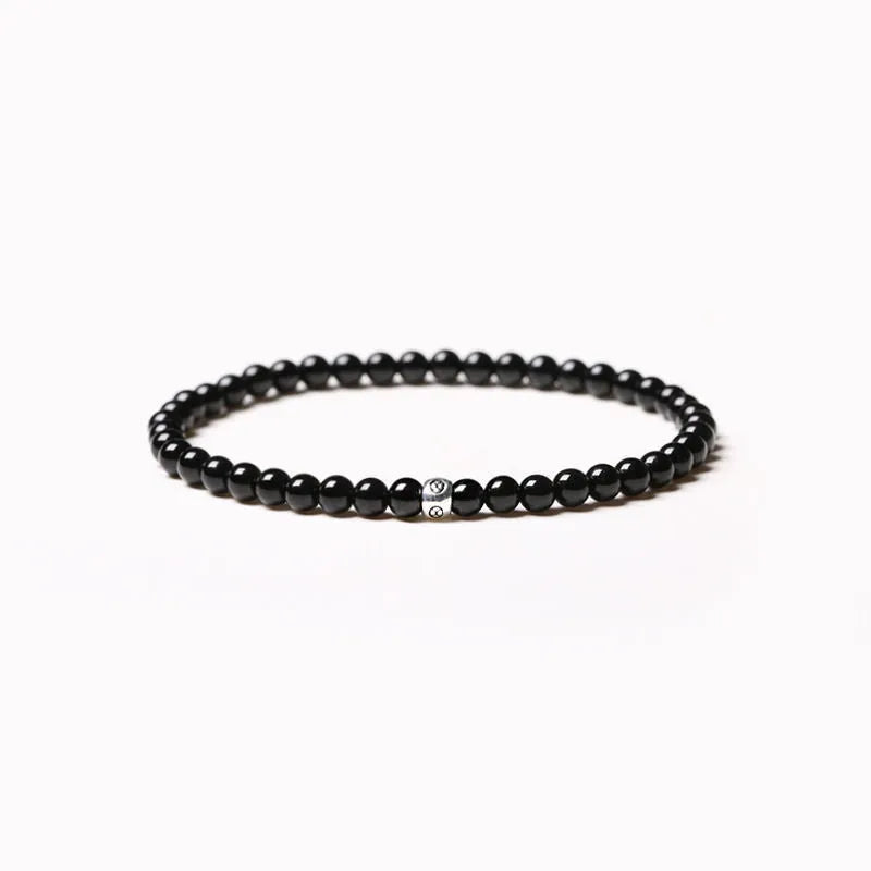 Unisex agate bracelet with obsidian, blue san, and black agate 4mm geometric beads and electroplated elements