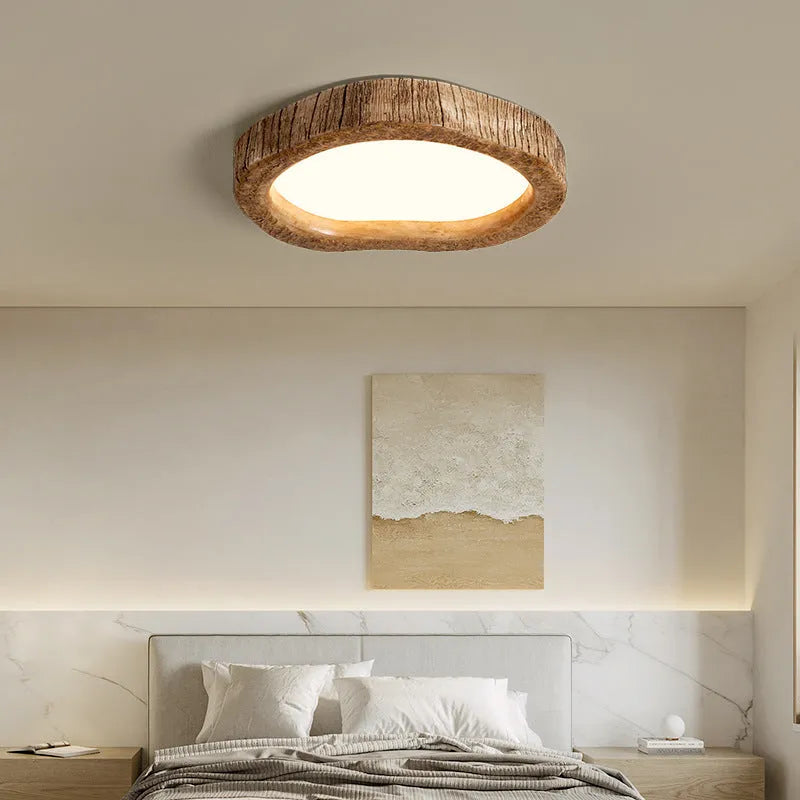 Round wood-grain finish Chinese-style ceiling lamp for bedroom lighting.