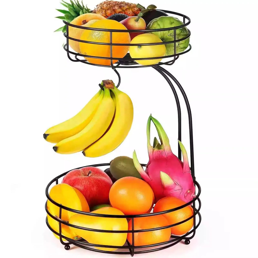 Double-layer black wrought iron fruit basket for restaurant snack storage