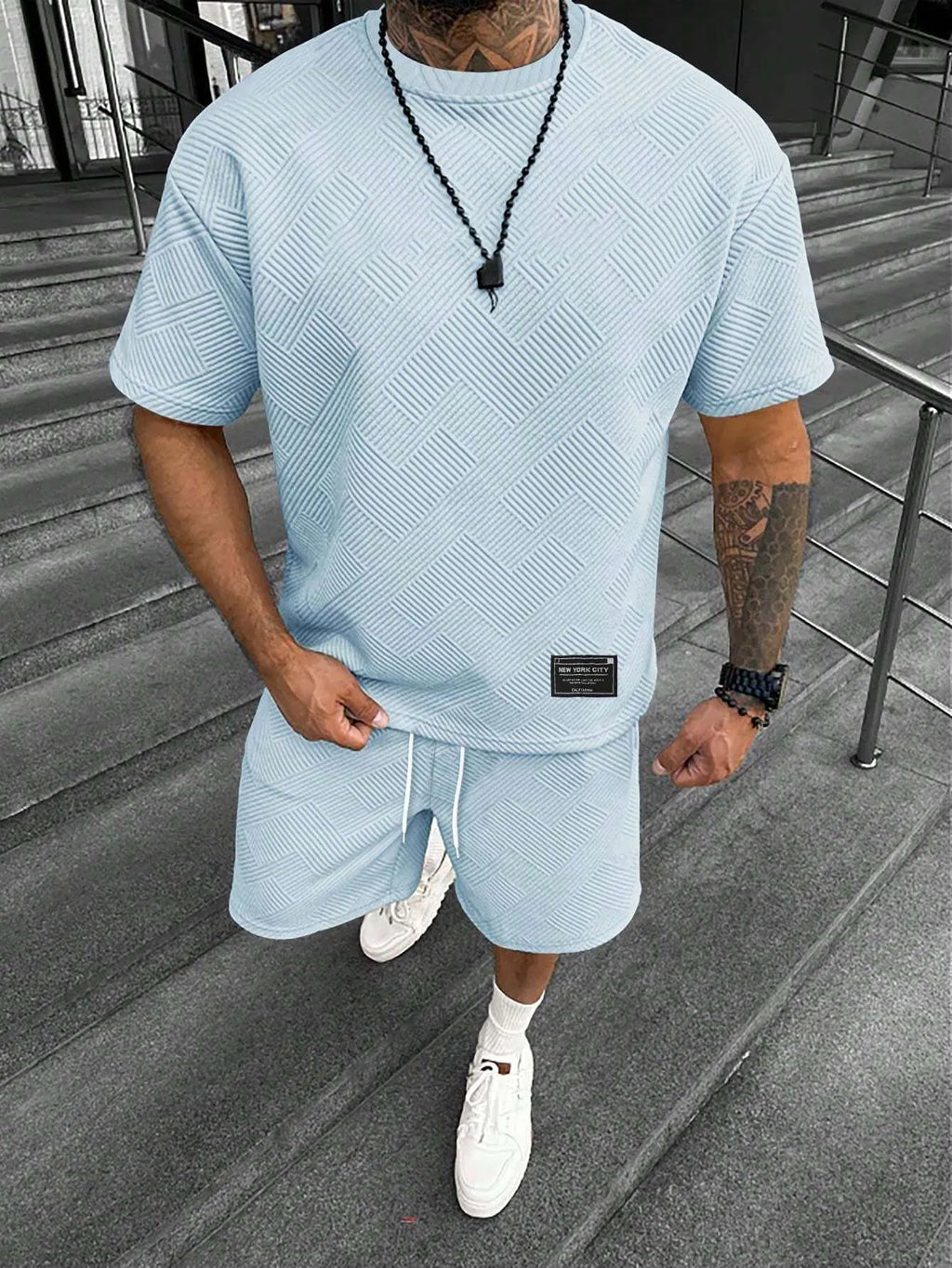 Men's short sleeve top and matching shorts with 3D digital printed pattern in a polyester blend fabric