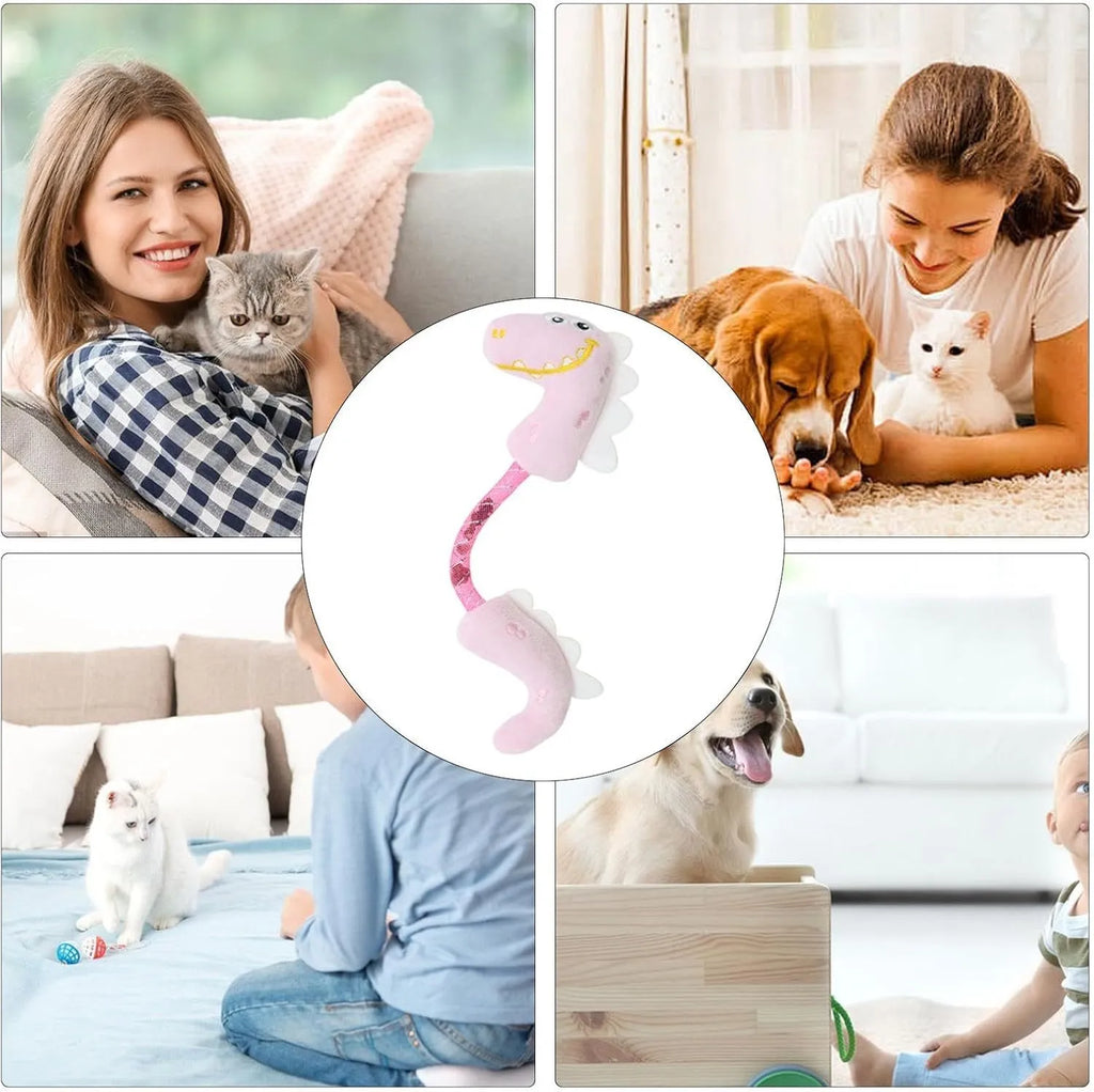 Four interactive cat toys including catnip rope, springs, plush mouse, fish, and bunny on white background