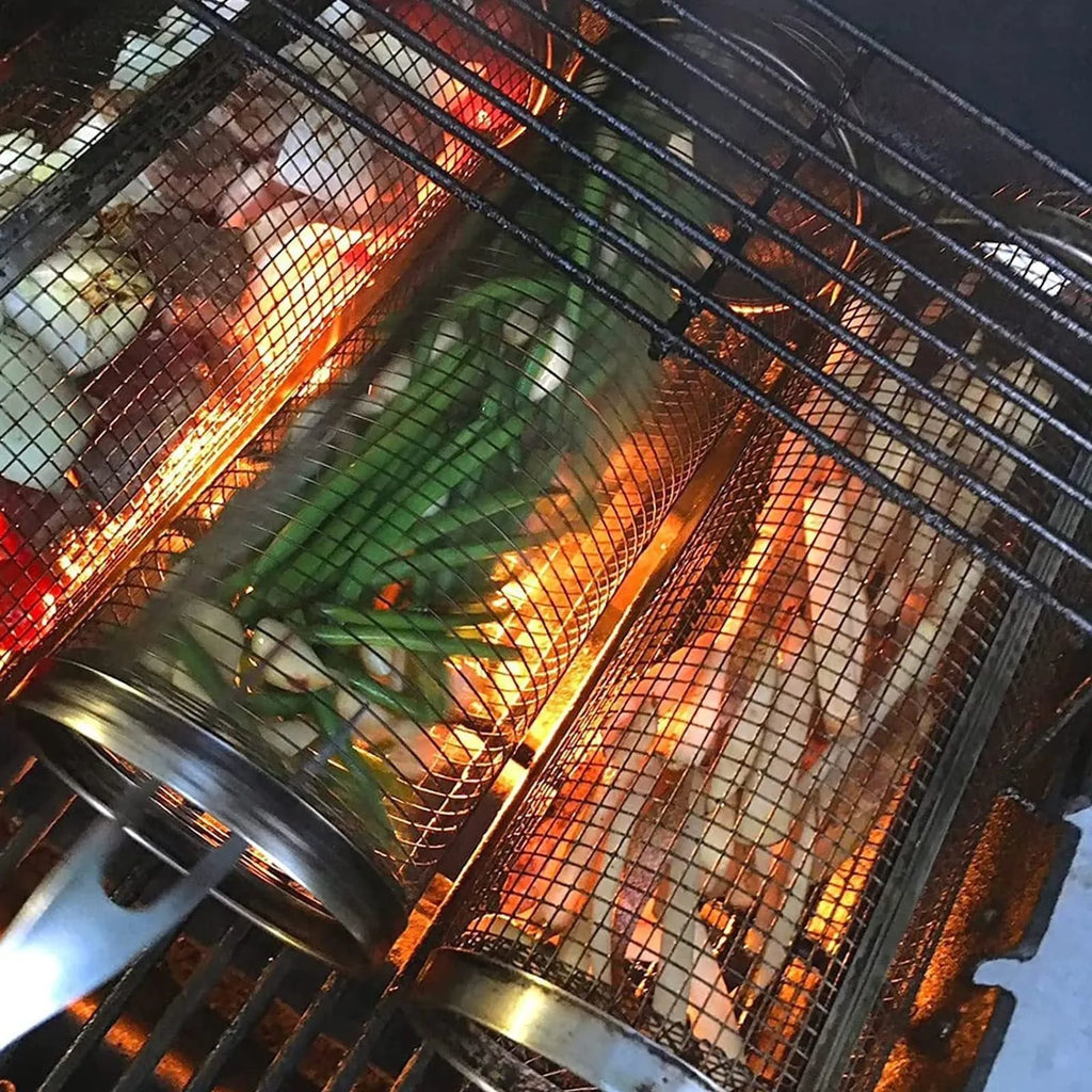 Stainless steel cylindrical rolling barbecue grill basket with wire mesh, shown with a hook.