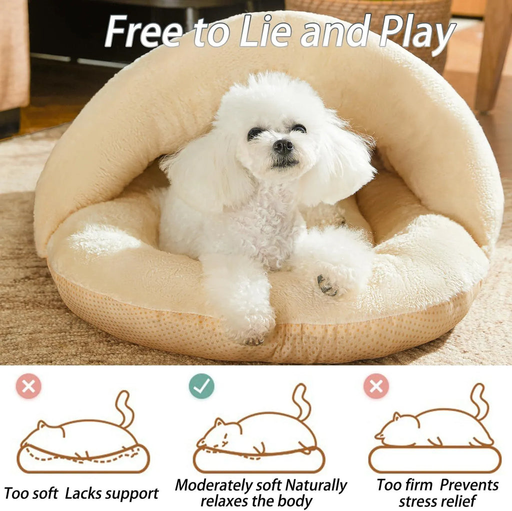 Slipper-shaped cat bed with corduroy exterior shown in closed cave configuration and opened flat position