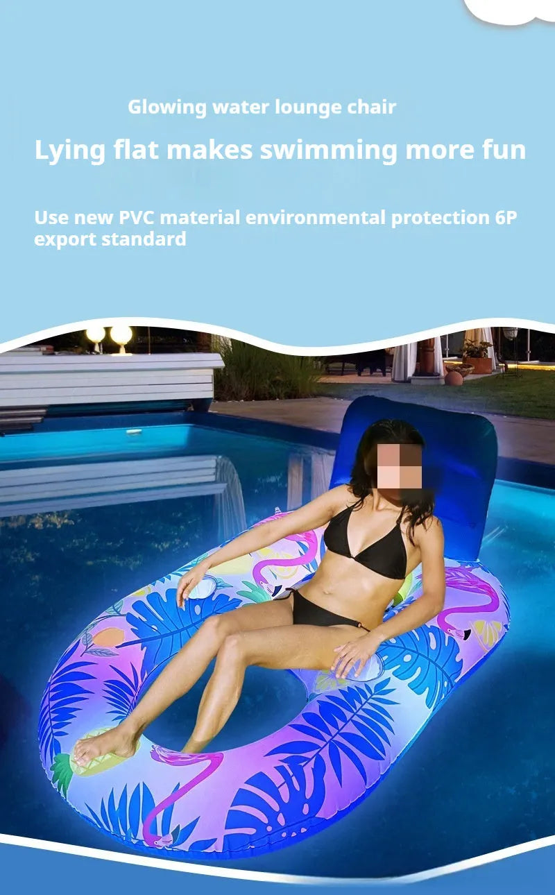 Inflatable luminous floating bed with backrest in swimming pool, white pineapple style, 140x90x65cm dimensions