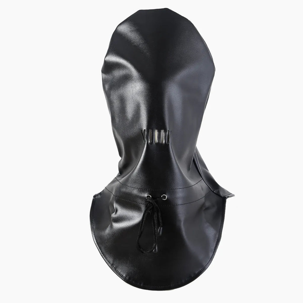 Black leather BDSM face mask with an open mouth and an adjustable buckle strap.