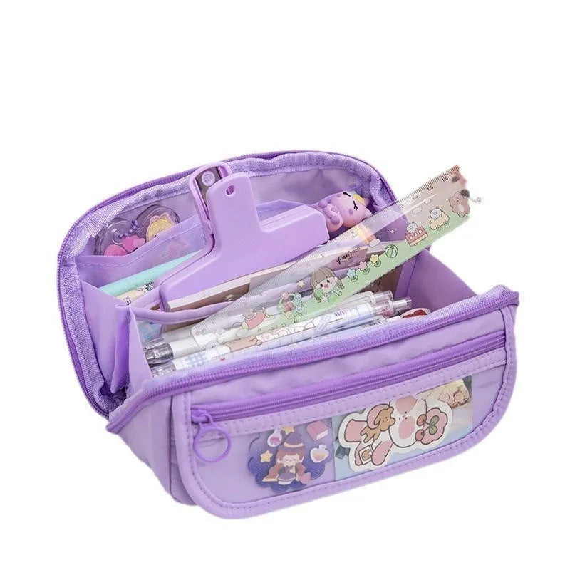 Korean style ten-layer flip canvas pencil case open to show multiple compartments.