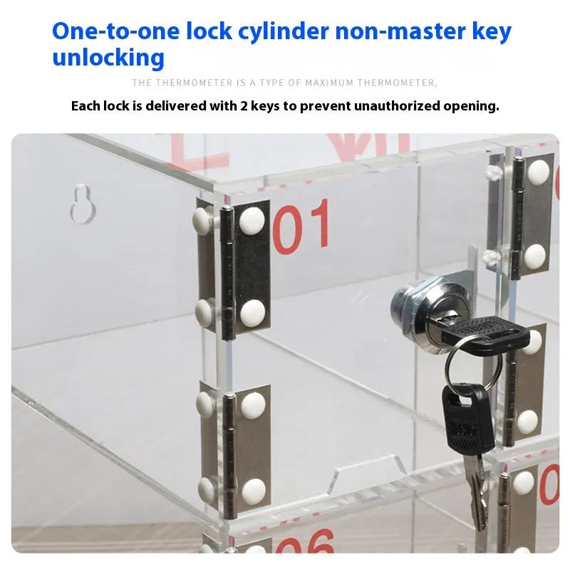 Clear acrylic mobile phone storage cabinet with charging holes, multiple compartments for office desk organisation