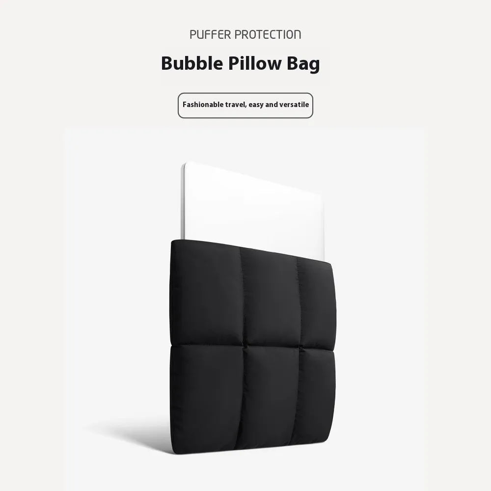 Soft fluffy laptop sleeve in black and khaki colours for 13-15.6 inch laptops with sewing thread detail