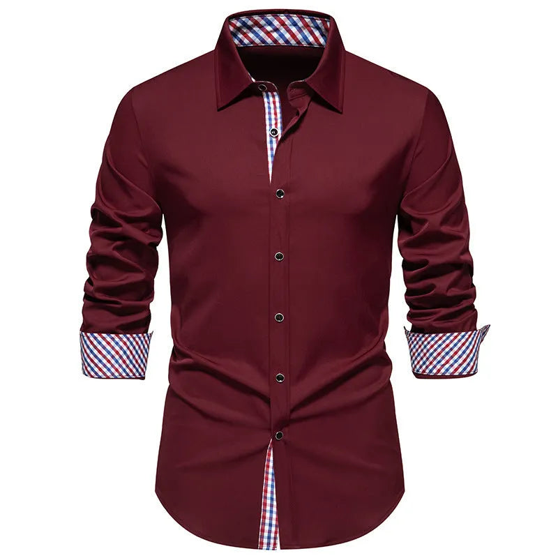 Men's loose plaid casual long-sleeved shirt in chemical fibre blend available in black, white, and wine red colours