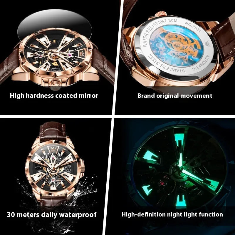 Men's automatic mechanical watch with hollow transparent case back showing movement, 44mm barrel-shaped dial, and genuine leather strap