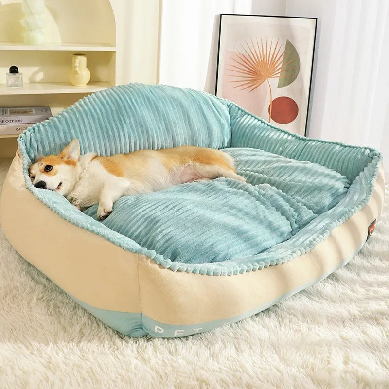 Morandi coloured washable dog mat and cat bed with a removable cover, shown in two sizes.