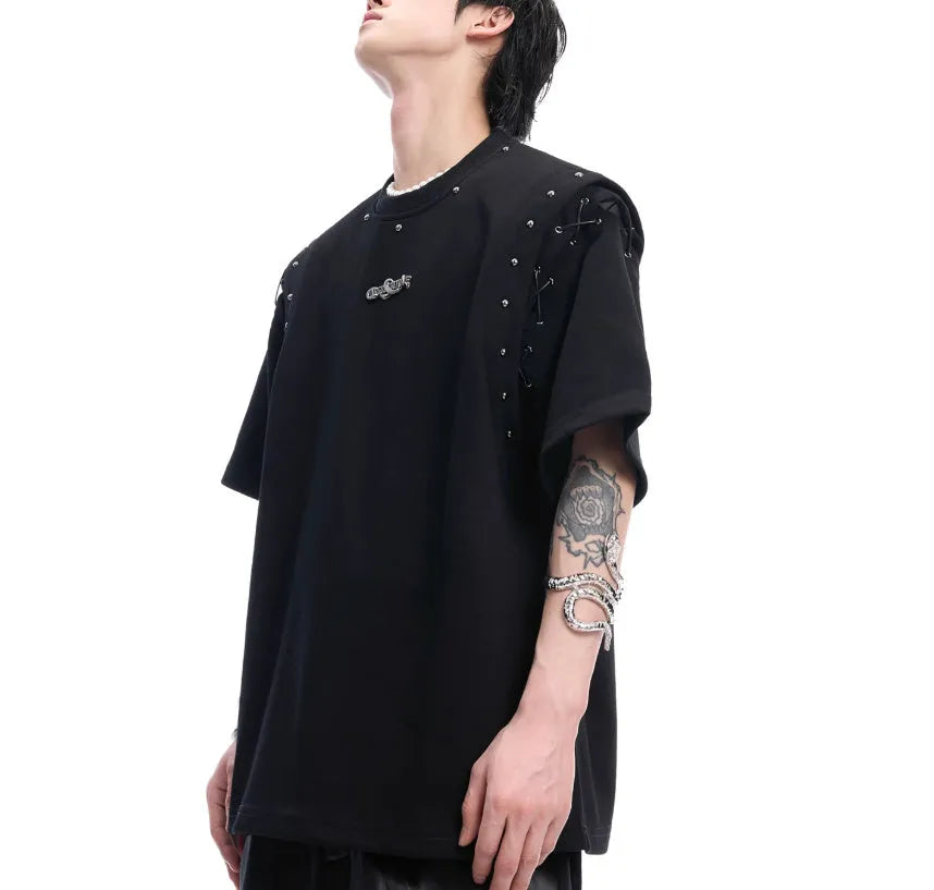 Women's black short sleeve t-shirt with white lace-up cutout detail on front.