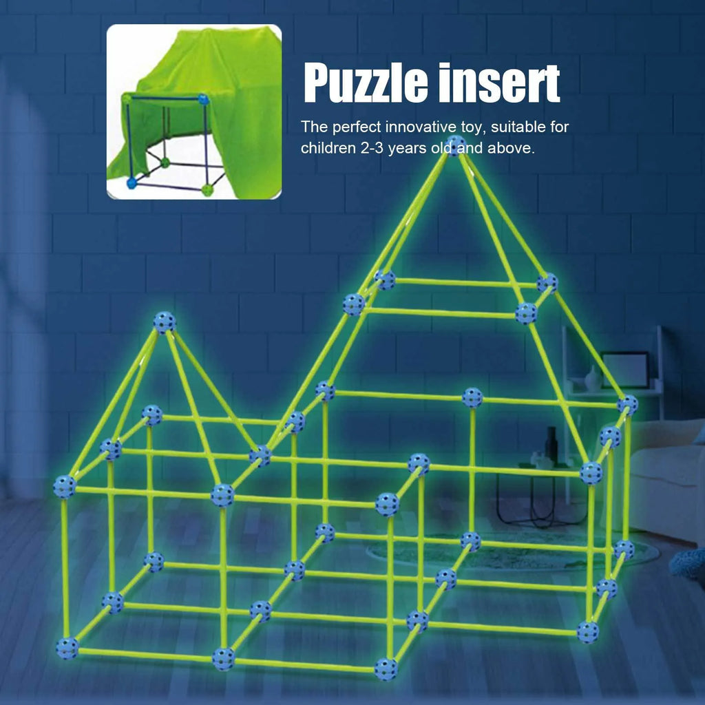 Luminous children's fort building kit with plastic sticks and connector balls for constructing castles and play tents