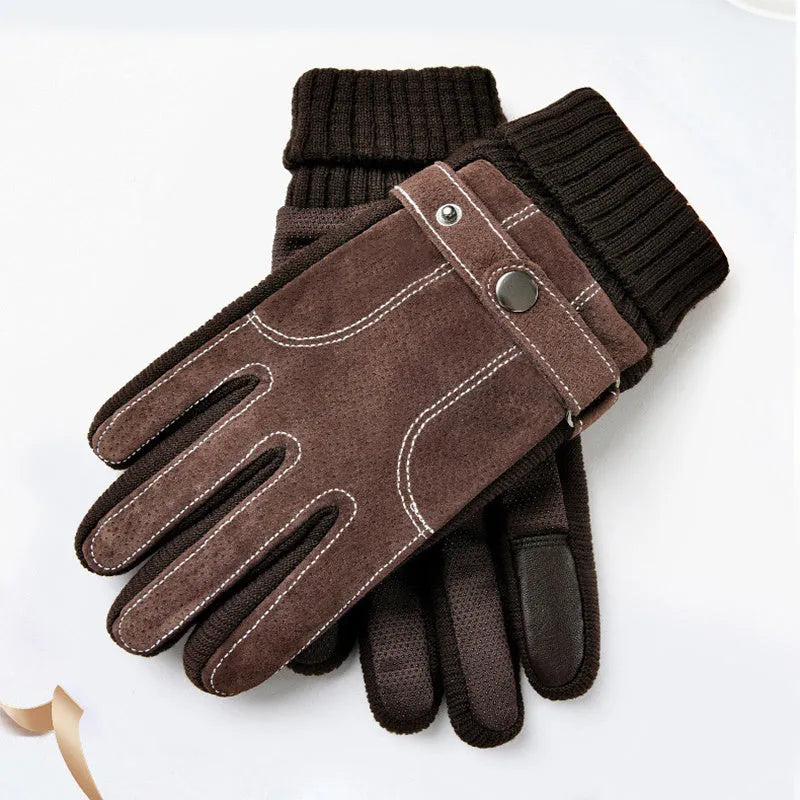 Men's genuine pigskin leather touch screen gloves in brown with fleece lining for winter warmth