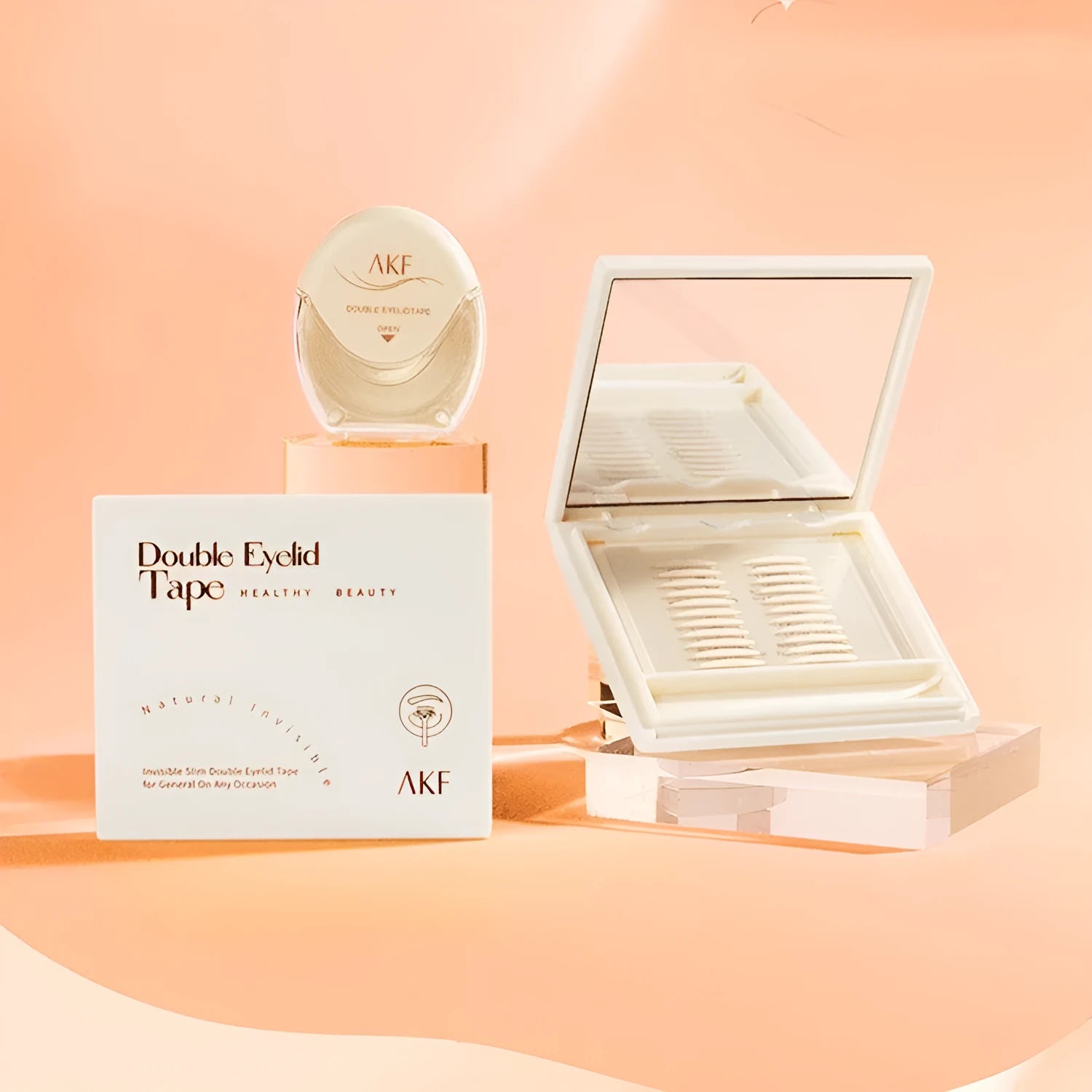 Roll of transparent lace double eyelid stickers, 120 pieces, showing Crescent and Olive shape options.