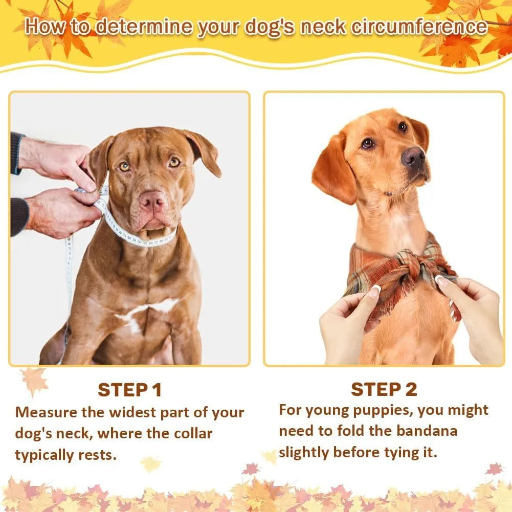Plaid triangle dog bandana with tassel edges in autumn colours like brown, green, and orange.