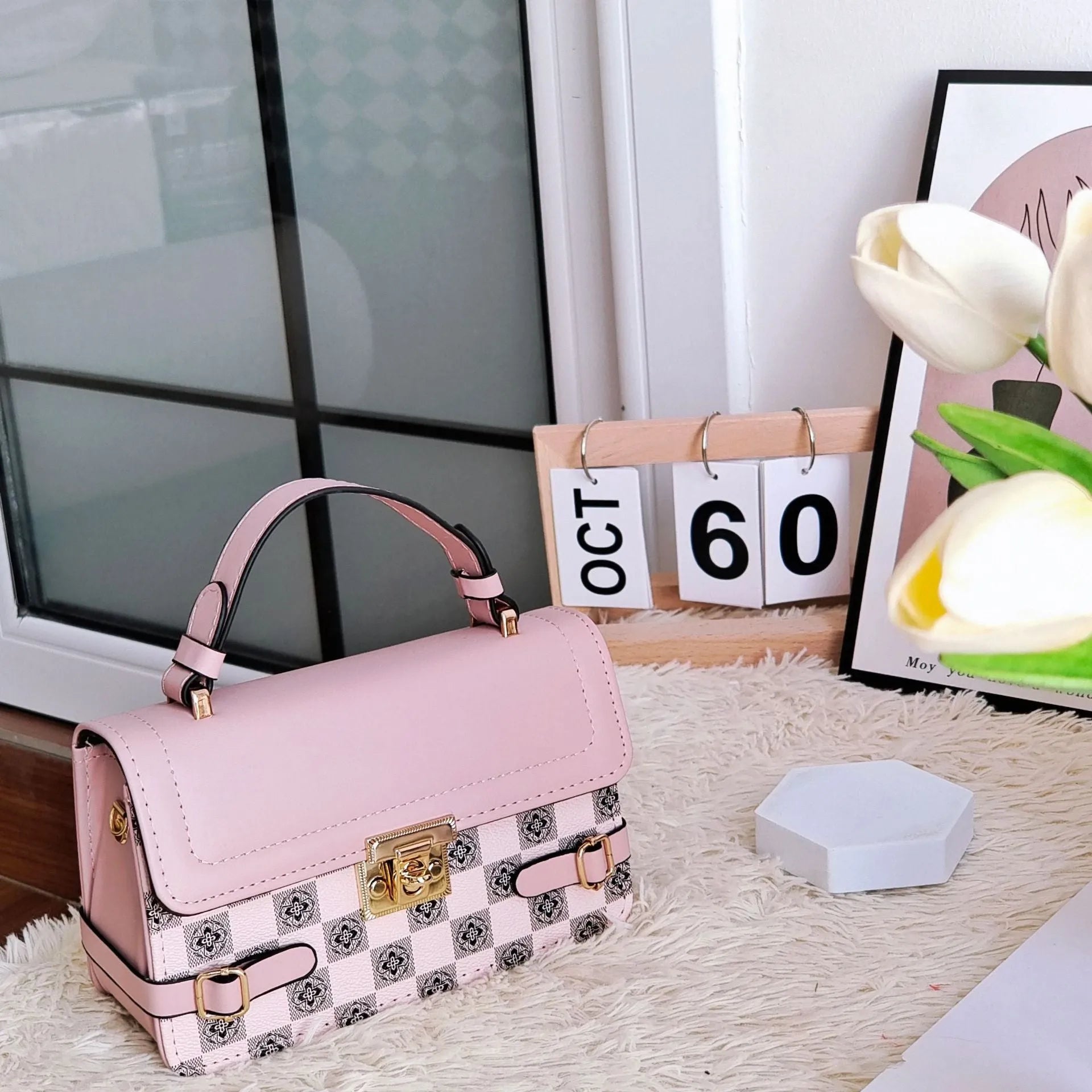 Retro ethnic pattern square crossbody bag in PU shown in apricot colour, featuring floral and plaid details.