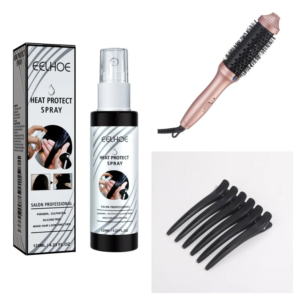 Electric hair styling comb with 31mm heat conductor and included heat spray and plastic clips