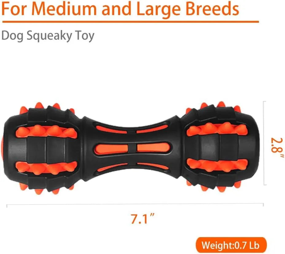 Red dumbbell-shaped dog chew toy with textured surface for medium and large breed dogs