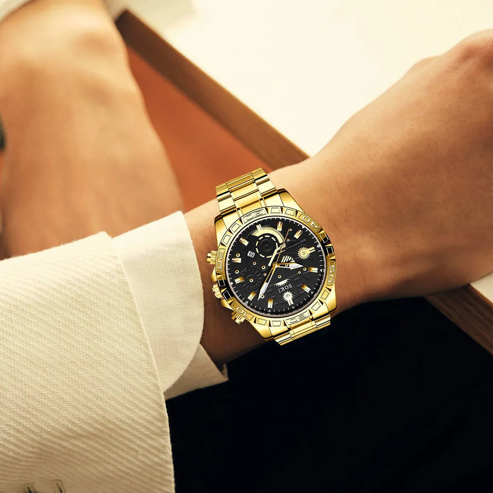Gold men's business quartz watch with stainless steel strap on a wrist