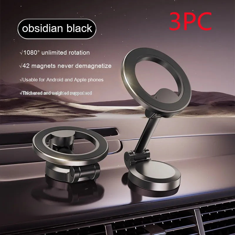 All-metal foldable magnetic car phone mount in Qian colour showing dashboard placement with phone attached
