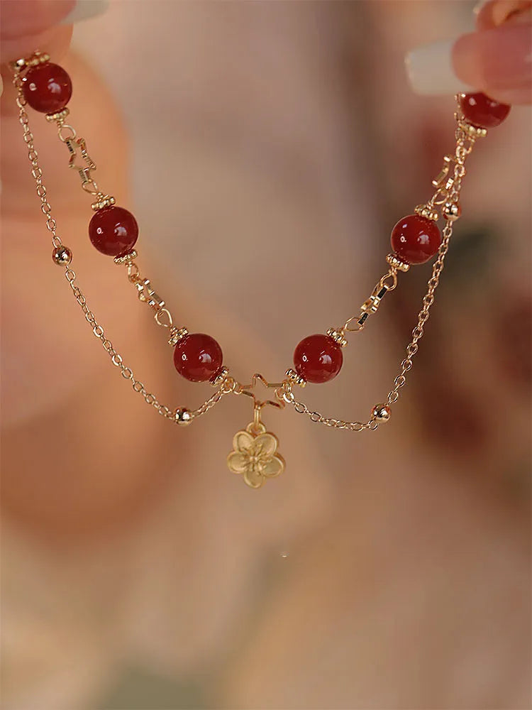 Red agate double layer women's bracelet with floral peach blossom ethnic design