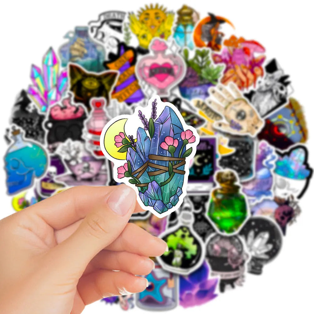 50 piece PVC waterproof luggage stickers in various sizes from 3cm to 8cm with glossy finish