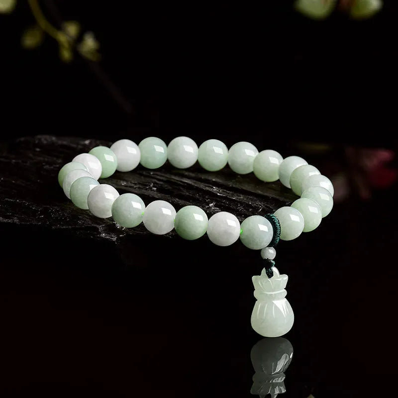 Ice Jade 8mm flower bead bracelet with jade purse charm, unisex national style jewellery