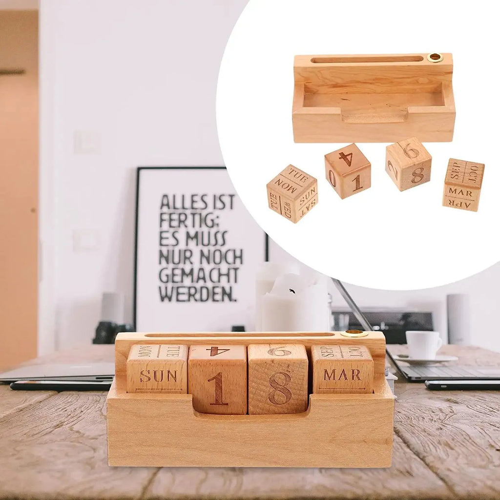 Solid wood simple modern calendar desk sign in natural wood colour on a desk.