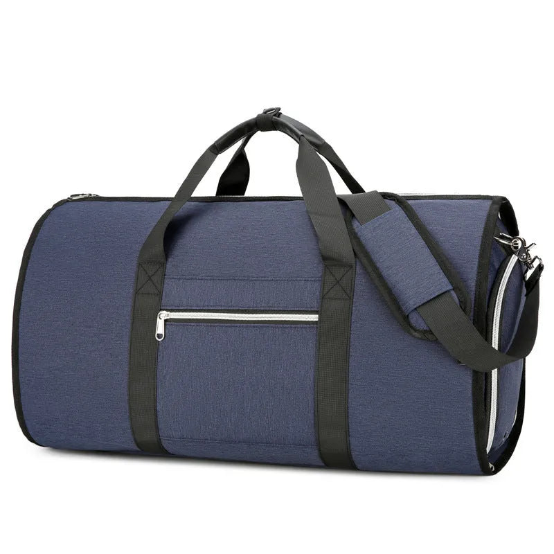 Oxford cloth multipurpose sports bag in grey, showing dry wet separation compartments and expansion feature.