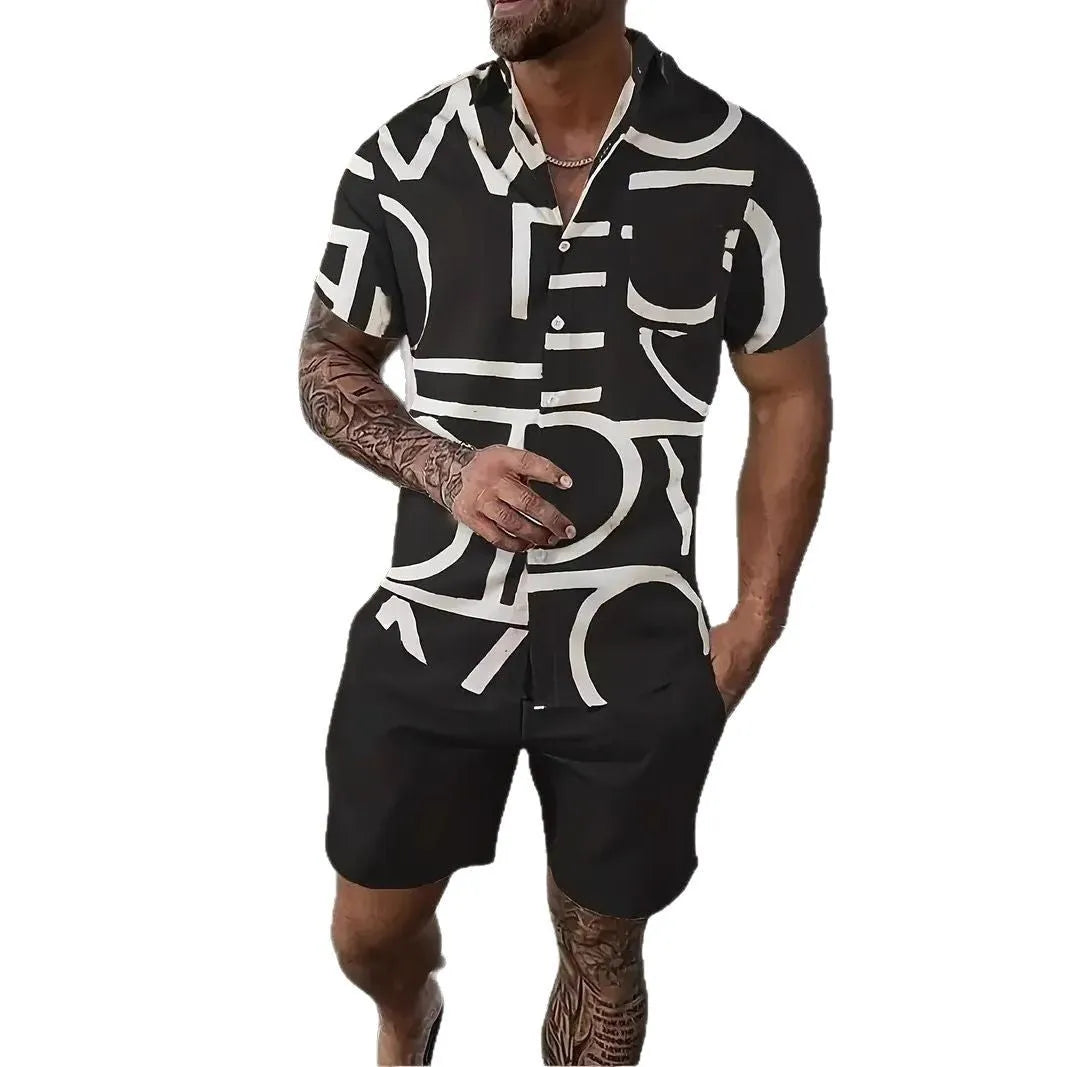 Man wearing a 3D printed Hawaiian pattern short sleeve top and matching shorts casual suit set.