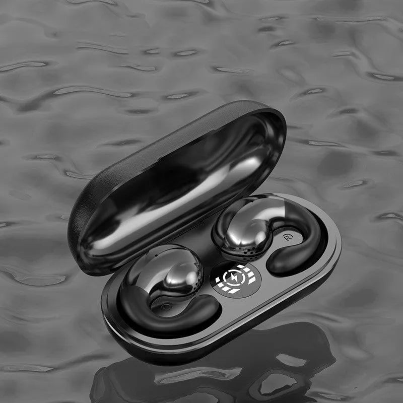 Black wireless Bluetooth sports headphones with ear clip design on a grey background.