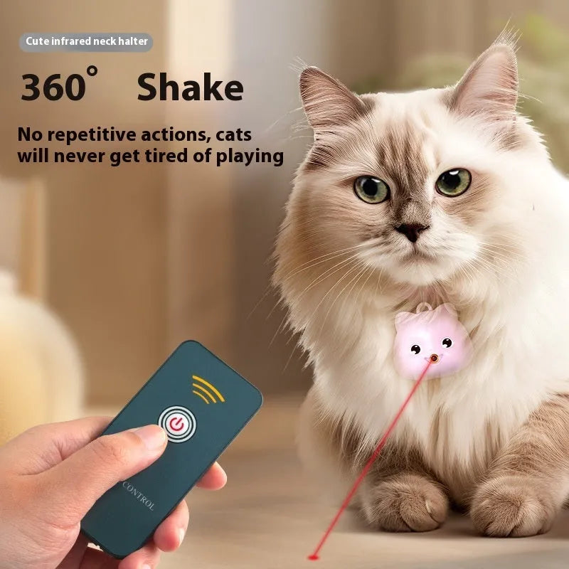 Rechargeable remote control cat infrared halter collar toy with adjustable strap, shown in pink and blue colour options