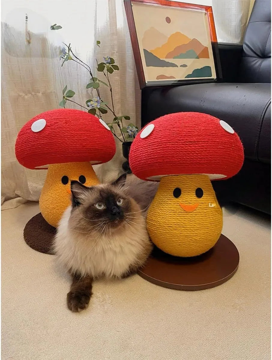 Foldable mushroom-shaped cardboard cat scratcher and lounge pad on a carpet