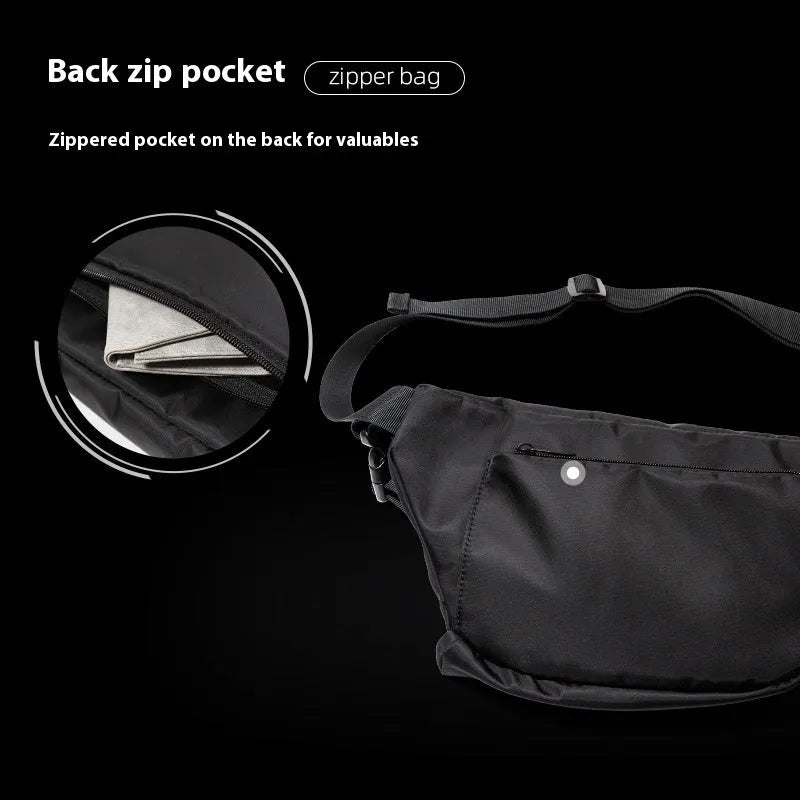 Men's black Oxford fabric chest bag with slanted design and visible sewing lines