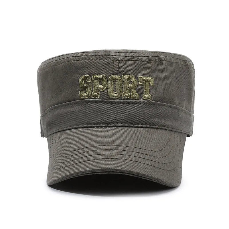 Men's adjustable cotton flat-top peaked cap in army green with dome crown and letter detail.