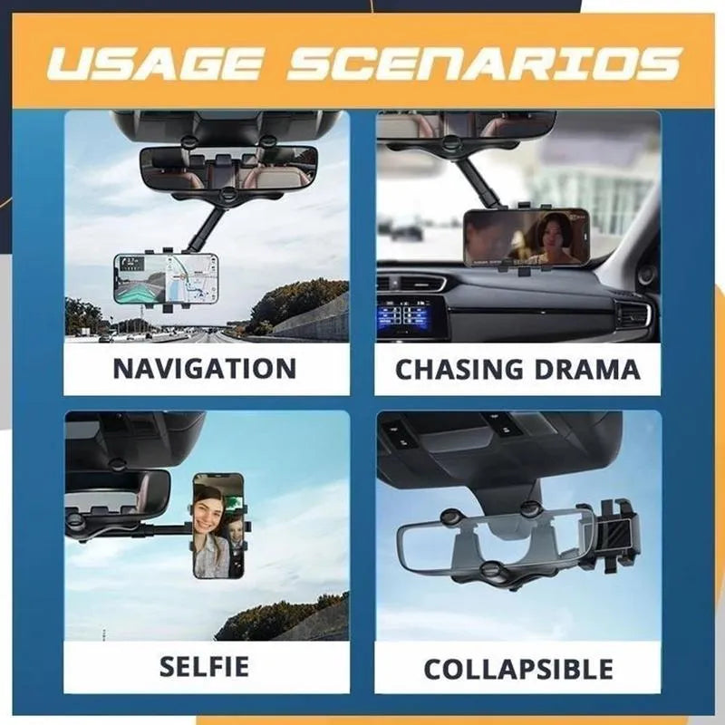 Black rearview mirror car phone holder showing 360-degree rotation and retractable arm extension.