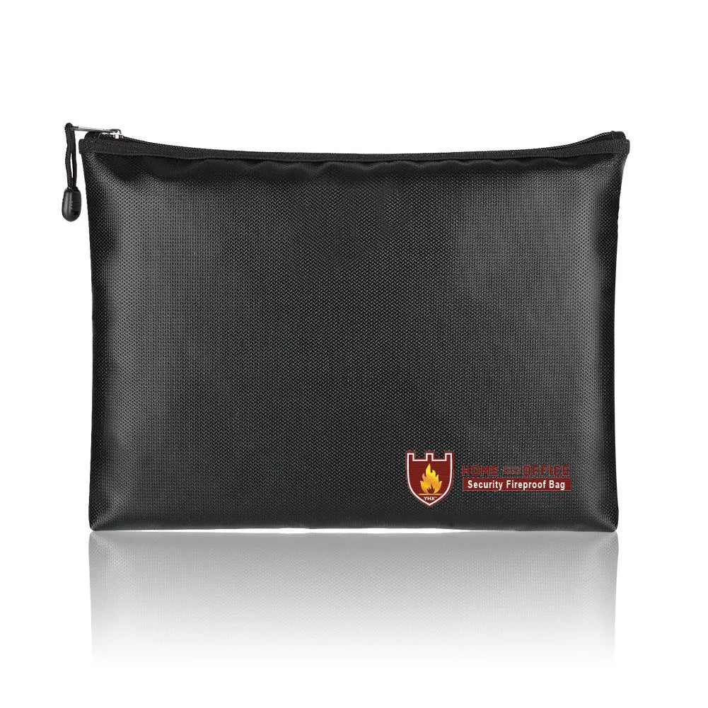 Black fire-proof contract document bag with adjustable internal compartments shown in three size options
