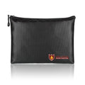 Black fire-proof contract document bag with adjustable internal compartments shown in three size options
